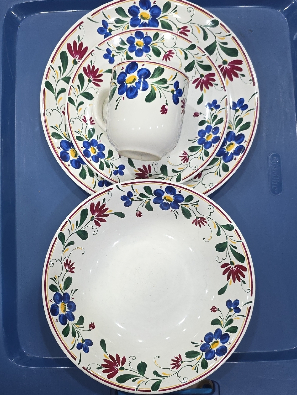 Hand-Painted Floral Ceramic Dinnerware Set in Blue, Red & Green